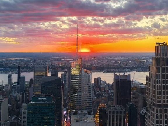 Il tramonto sopra i grattacieli di Manhattan, visto dall’alto